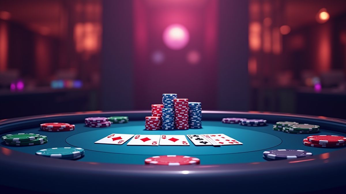 Poker table with chips and cards in an elegant casino.